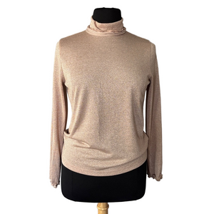 J. Crew Shimmering Beige Blush Knit Turtleneck Top with Ruffle hem